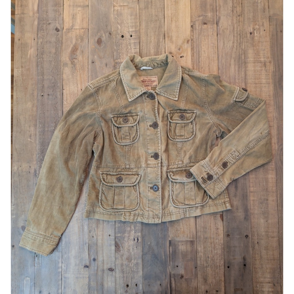 VTG YTK Aeropostale Corduroy Utility Jacket Khaki 4 Pocket‎ Front Womens Large